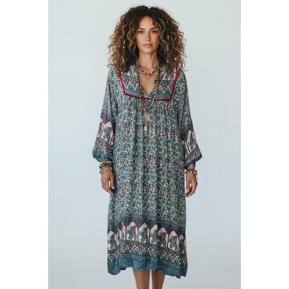 Sur La Vague SLV India Block Print Rayon Dress Boho Chic Coastal Cottage Midi 4